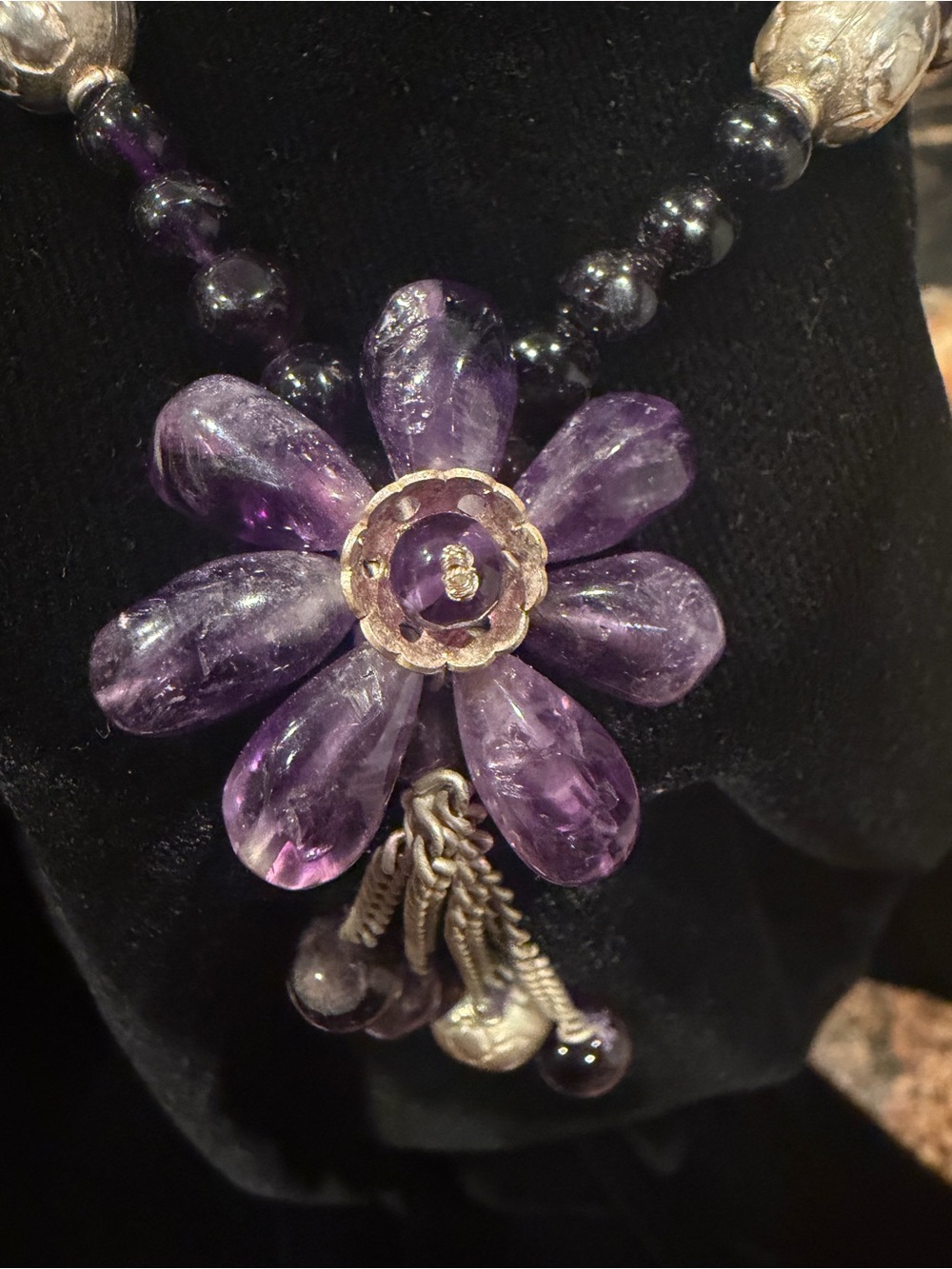 Amethyst Flower Pendant Necklace - Purple Stone Floral Statement